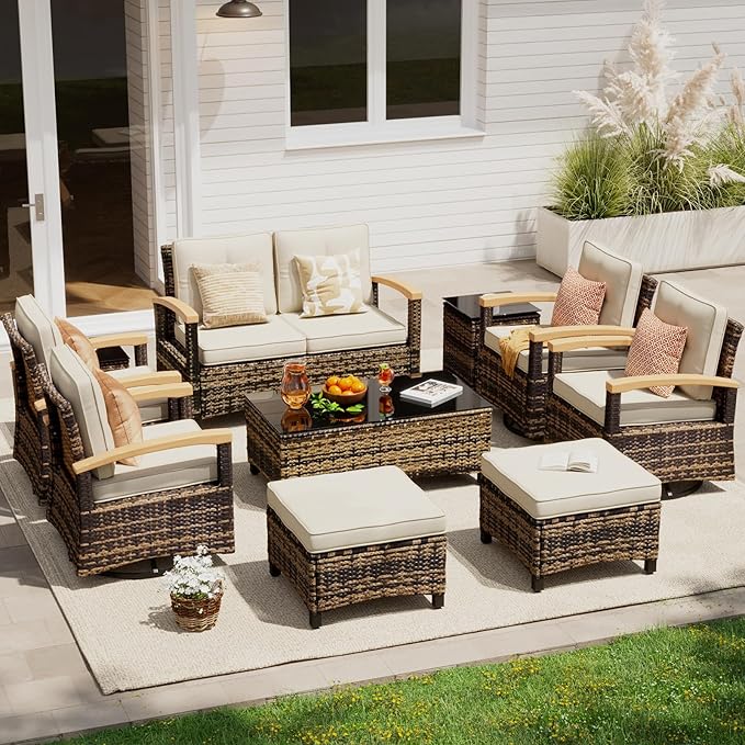 MEISSALIVVE 10 Pieces Outdoor Patio Furniture Sets,PE Wicker Patio Conversation Sets with 4 Wood Armrests Swivel Rocker Chairs,2-seat Sofa and Coffee Table(Brown)
