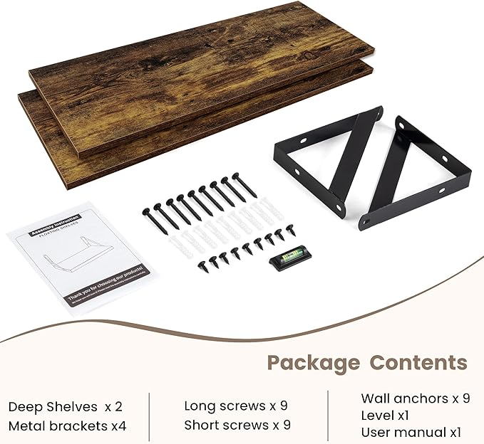 Dreamland Dark Brown Floating Shelves, 24W x 8D Wall Mounted Shelves Set of 2, Wide Display Ledge Shelf with Sturdy Metal Brackets for Living Room, Bathroom, Bedroom and Kitchen