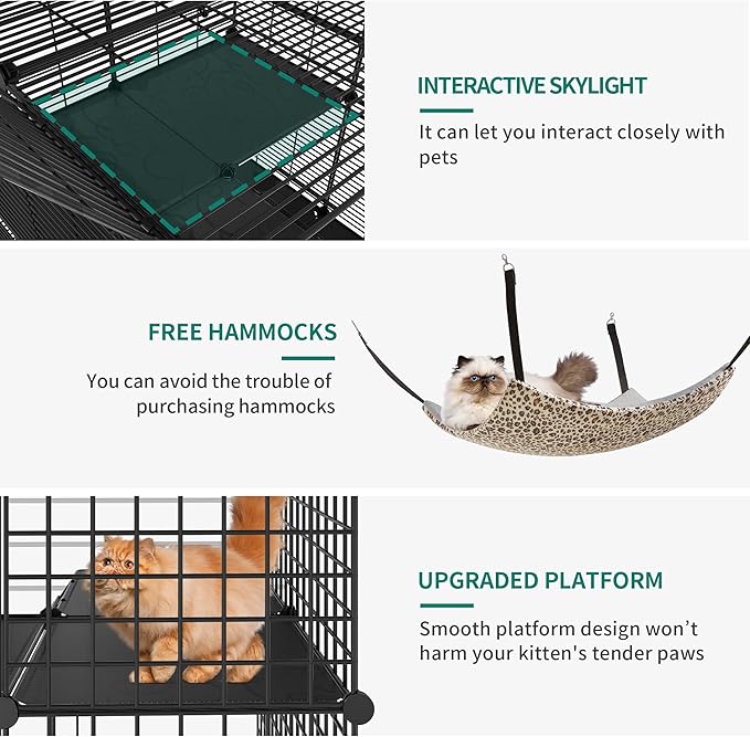 YITAHOME Metal Cat Cage Indoor: 3-Tiers DIY Kitten Enclosures Playpen Catio Kennels Pet Crate with Extra Large Hammock for Small Animals (Black)
