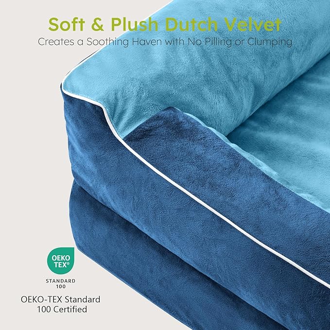 Dog Beds for Large Dogs, Orthopedic Dog Bed with Cooling Gel Memory Foam, Waterproof Large Pet Bed with Removable Washable Cover, 36" Pet Sofa Couch Dutch Velvet with Bone Toy, Navy Blue