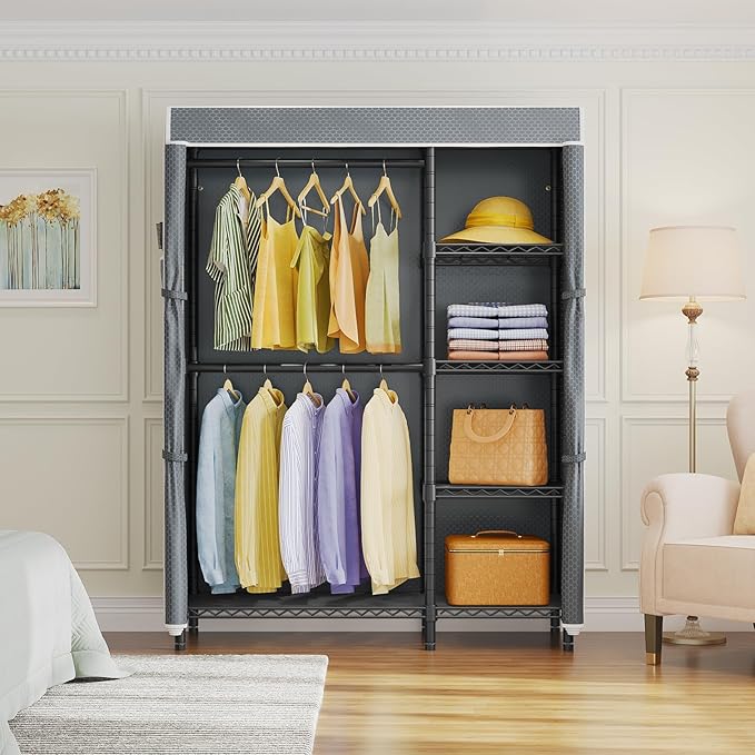 VIPEK V7C Garment Racks with Cover Portable Closets for Hanging Clothes, Heavy Duty Clothes Rack with Shelves Metal Closet Wardrobe, Max 670lbs, Black Rack with Grey Upgraded Polyester Cover