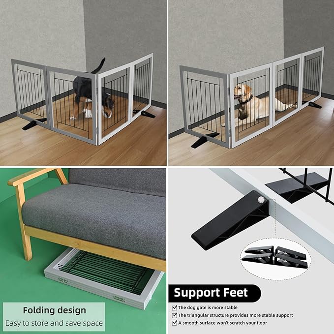 ZJSF Freestanding Dog Gate Indoor, Foldable Dog Fence for Doorways,Hallways or Stairs, Sturdy Wood Extra Wide Pet Gate with Support Feet,Grey,24 "Height-4 Panels