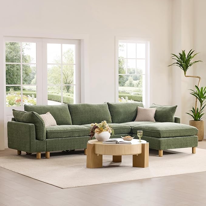 CHITA 127" Super Large Sectional Couches for Living Room, Modular Cloud Couch Sectional Sofa, Premium Fabric Couches, Down Filled, High Density Foam, Chenille in Green, 5 Seat U Shaped