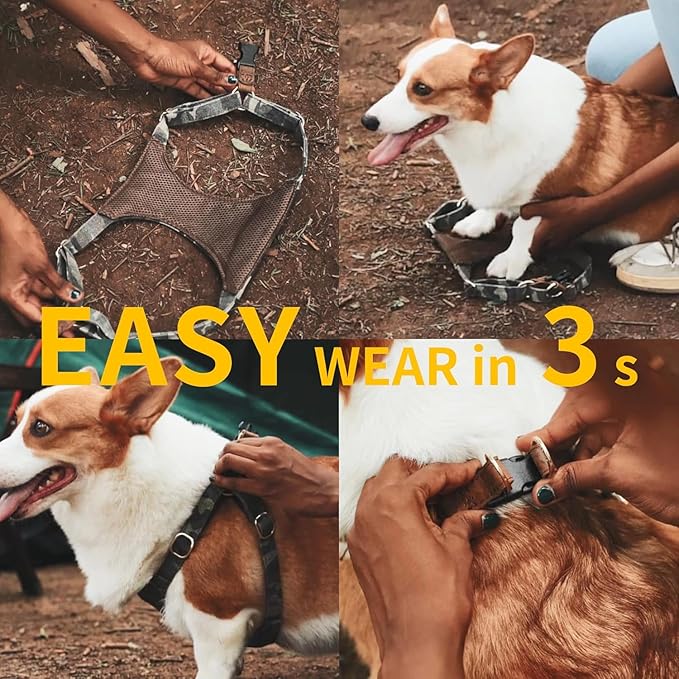 Dog Harness, No Pull Dogs Harness and Multi-Function Leash Set for Medium Dogs Easy Walk Everyday Adjustable Soft Dog Vest Harness Fashionable Dog Accessories Denim Vintage Green-Button-L