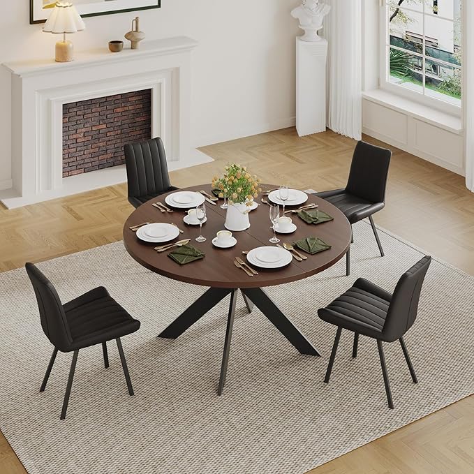 Walnut Round Dining Table Set for 4, Mid-Century Modern Kitchen Table and Chairs, Small Space Dining Room Furniture for Apartment, Breakfast Nook or Studio (Walnut wood-1 Table + 4 Black Chairs)