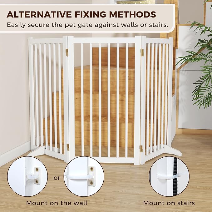 36" H Freestanding Dog Gate, Solid Wood Foldable Pet Gate with Support Feet, Wooden Tall Dog Gate for Doorway, Stairs & Indoor Use, 60" Wide Expandable Pet Fence, 3 Panels, White