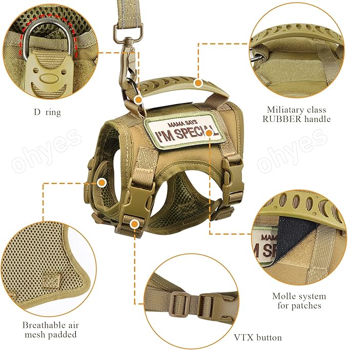 Tactical Cat Harness for Walking Escape Proof, Soft Mesh Adjustable Pet Vest Harness for Large Cat, Small Dog and Khaki…