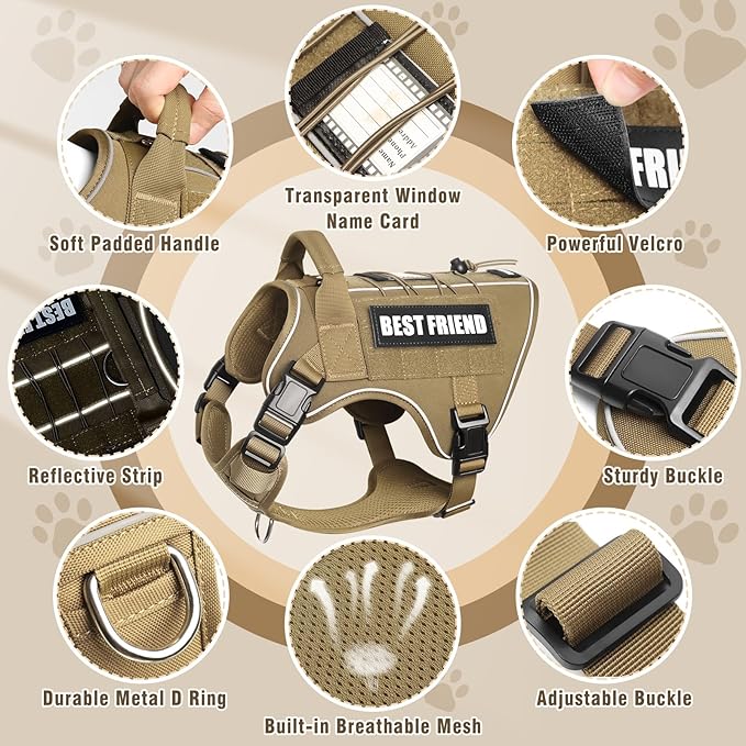 Tactical Dog Harness for Large Dogs,No Pull Military Dog Vest with Handle,Reflective Heavy Duty Pet Harness for Walking Hiking Training Brown L