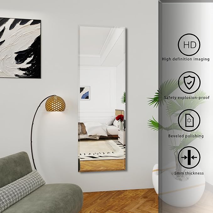 Full Length Mirror Door Hanging, 56X16 Full Length Hanging,Beveled Mirror Frameless,Bedroom, Wardrobe, Door (56 * 16 Inch)