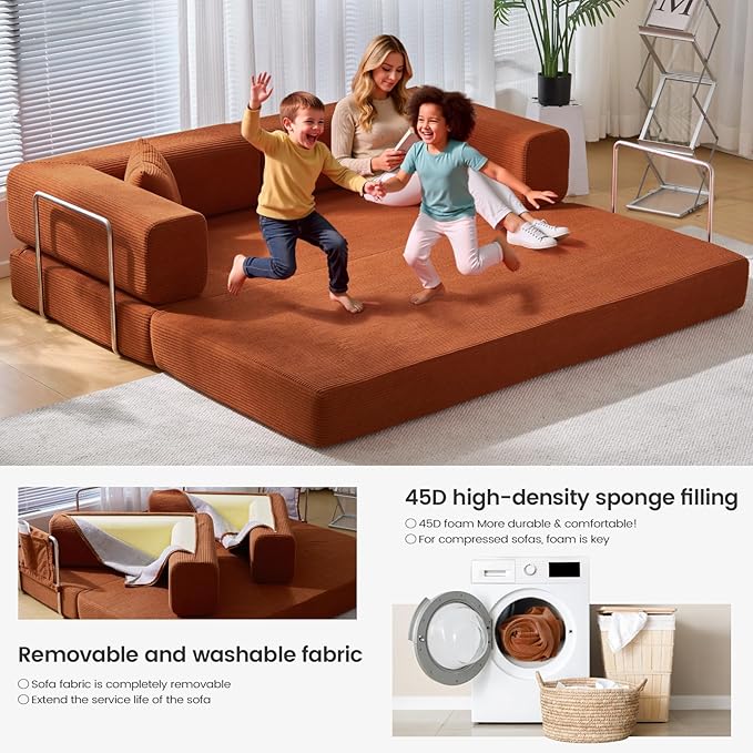 Folding Sofa Bed Convertable Corduroy Couch King Size Floor Sleeper 4-in-1 DIY Combination Modular Sofa Fold Out Futon Lounge Comfy Foldable Lazy cama for Living Room (Orange, 80.15")
