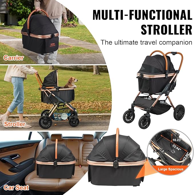 VEVOR Large Pet Stroller for Medium Large Dogs and Cats, Up to 66lbs, Detachable Carrier and Storage Basket