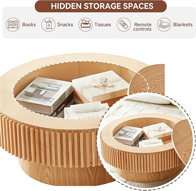 Round Coffee Table for Living Room,Fluted Drum Accent Tea Center Table with Storage,Circle Modern Coffee Tables for Small Space Office Apartment (31.5" L×31.5''W×14''H-Natural)