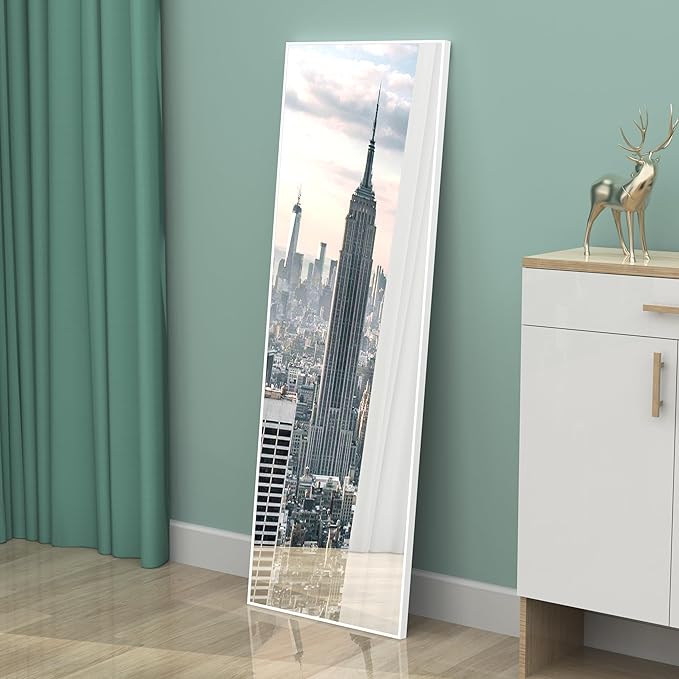 ANYHI Over The Door Mirror, 42"x14" Full Length Mirror for Wall Mirror, 2 Hooks, Aluminum Frame, for Bedromm Bathroom, White