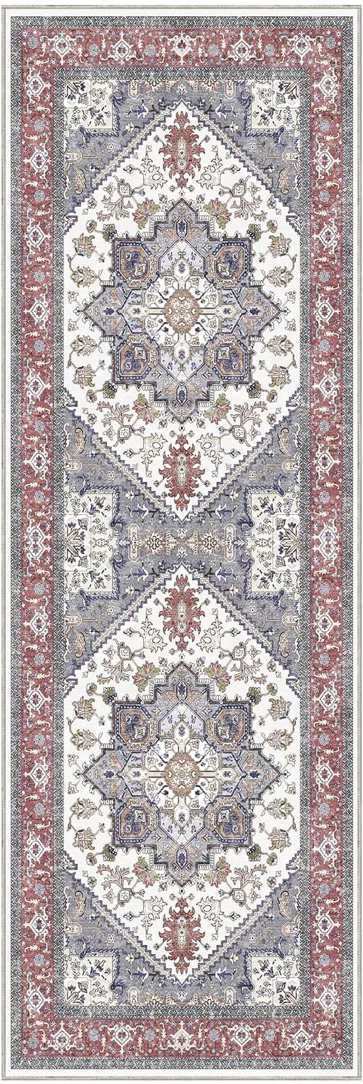 OPPODREAM Thin Entryway Rug 2x6, 2x6 Rug Runner, Washable Hallways Carpet 2 x 6 with Non Slip Backing, Low-Pile Bedside Carpet 2 x 6, Long, Faux Cashmere, Red & Grey