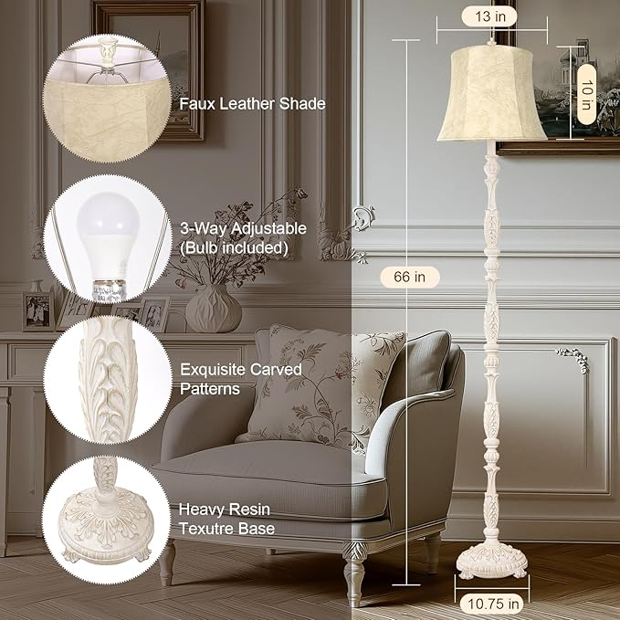 Scenekoy Rustic 66” Wash White Floor Lamp for Living Room Bedroom, Resin Carved Standing Lamp with Faux Leather Shade, Adjustable Bulb, Rotary Switch Rustic Lamp Decor for Home Room Office