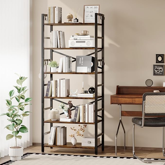 Homeiju 6 Tier Bookshelf, Industrial Bookcase with 8 Hooks, Vintage Storage Rack with Open Shelves, Rustic Standing Bookshelves Metal Frame Display Rack for Living Room, Bedroom, Rustic Brown