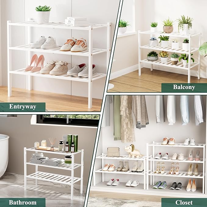 Smiry Shoe Rack, 5 Tier Bamboo Shoe Organizer, Stackable Free Standing Wooden Shoe Storage Shelf for Closet, Entryway, Front Door Entrance, White