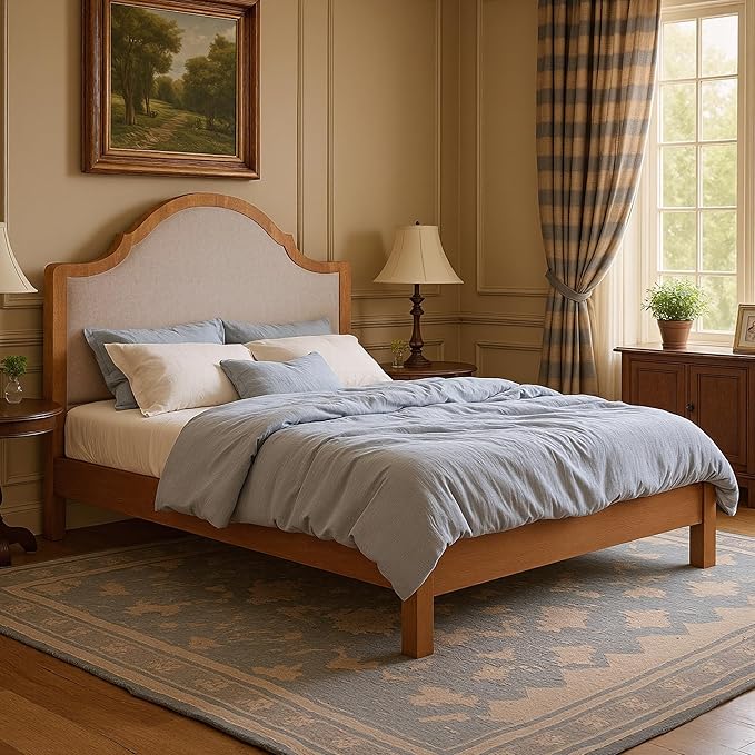 Jocisland Full Size Bed Frame with Tall Upholstered Curved Headboard, Solid Wood Platform Bed, No Box Spring Needed, Wood Slat Support, Easy Assembly, Walnut