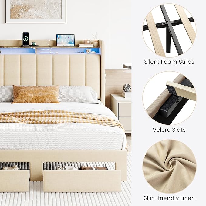 SHA CERLIN Full Size Platform Bed Frame with Vertical Channel Tufted Wingback Headboard & 2 Storage Drawers/2-Tier Shelves with LED Lights & Charging Station/Noise-Free/No Box Spring Needed/Beige
