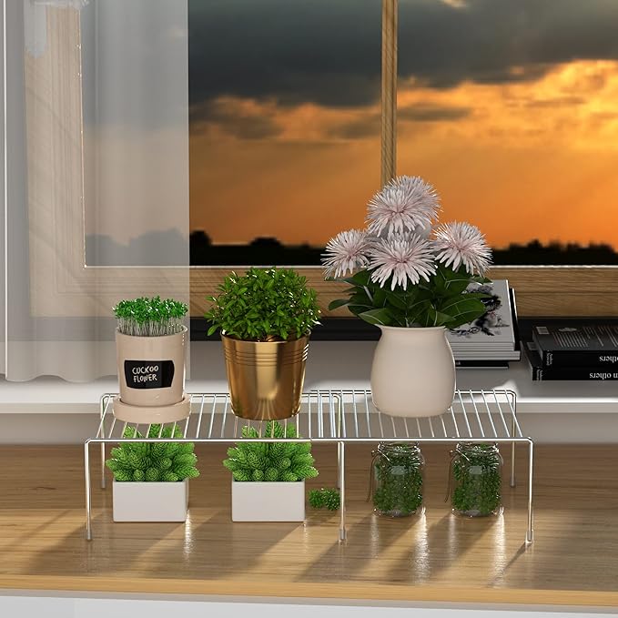 Kitchen Cabinet Expandable Shelf Organizers Set of 4, Adjustable Metal Wire Pantry Storage Shelves, Plate Dish Organizer Rack for Cabinets, Cupboard, Counter, Freezer, Countertop, Chrome