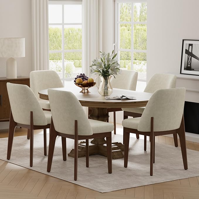 VKNOW Modern Dining Chairs, Faux Leather Kitchen Chairs with Wood Legs, Upholstered Side Chair for Kitchen Dining Room (Beige, Set of 6)