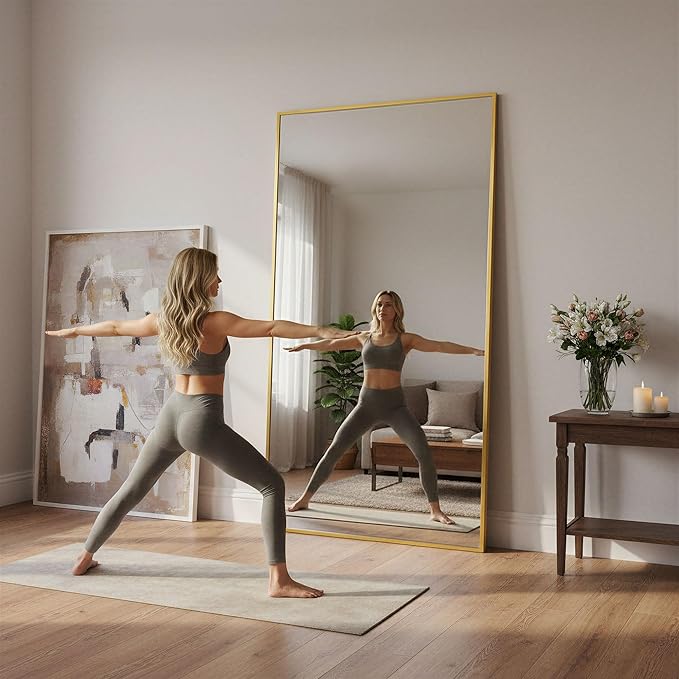 Full Length Mirror, 83"x44" Floor Mirror Freestanding, Oversized Floor Standing Full Body Mirror with Stand for Bedroom, Hanging Mounted for Living Room Cloakroom, Gold, Rect