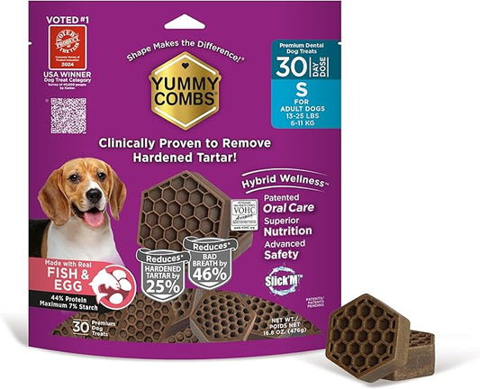 Yummy Combs Dog Dental Treats – Fish & Egg Protein – Vet VOHC Approved, Removes Tartar – A Daily Teeth Cleaning Treat for Small Dogs (30 Count)