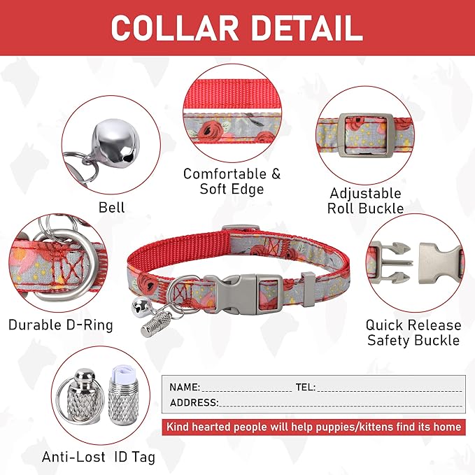 GAMUDA Small Dog Harness Collar and Leash Set, Step in No Chock No Pull Soft Mesh Adjustable Dog Vest Harnesses Plaid Reflective for Dogs Puppy Cats Kitten Rabbit (Red Flower, XS)