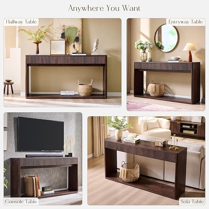 OKD 63" Fluted Console Table for Entryway, Modern Entryway Table with 2 Large Drawers, Long Sofa Table Behind Couch for Living Room, Hallway, Couch, Foyer,Dark Walnut