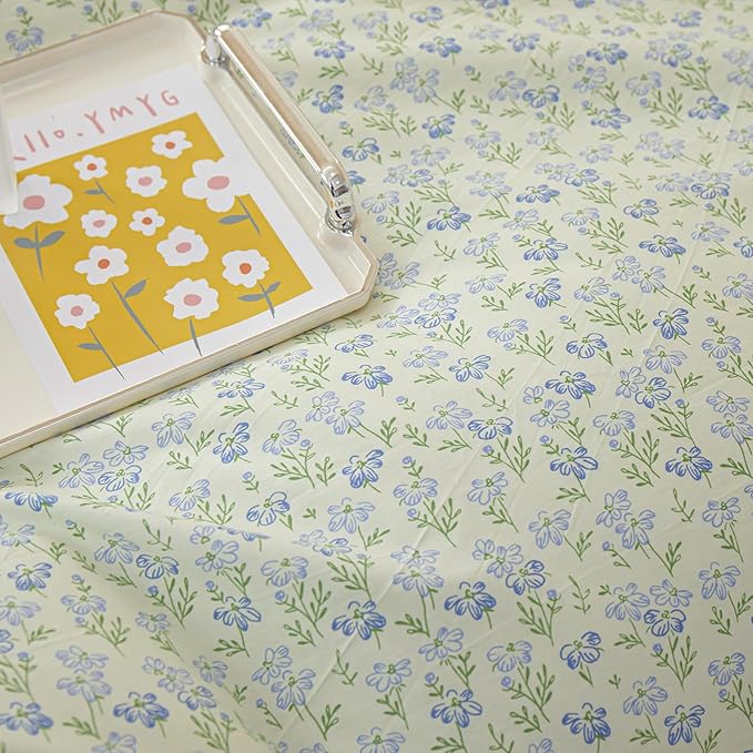 EAVD French Style Garden Floral Ruffled Comforter Set Full White Fluffy Soft Microfiber Chic Blue Floral Bedding Set with 2 Pillowcases Fresh Botanical Comforter Set for All-Season