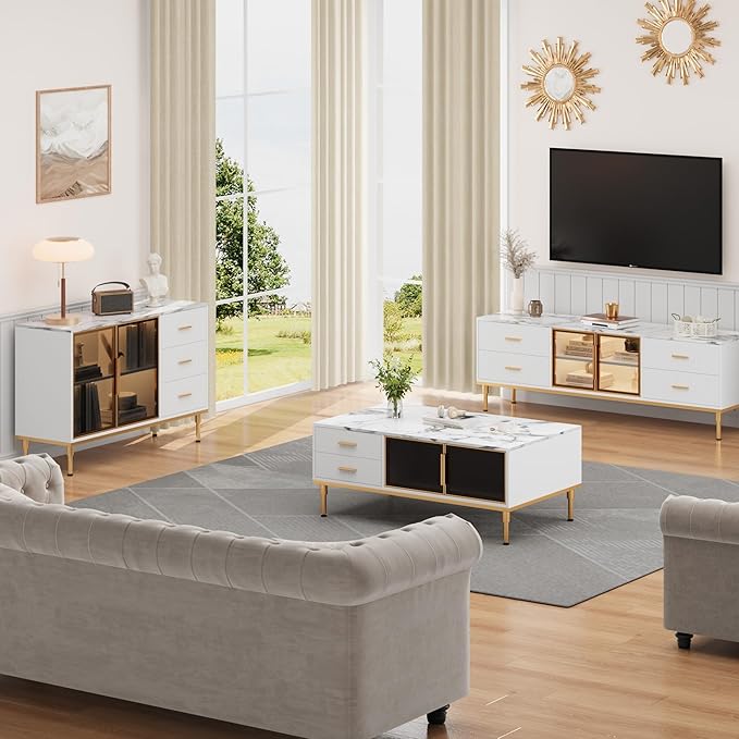 Modern White Coffee Table with Gold Metal Legs for Living Room - Large Center Table with 2 Glass Door Storage & 4 Drawers, Sintered Stone Table Top for Reception Room White