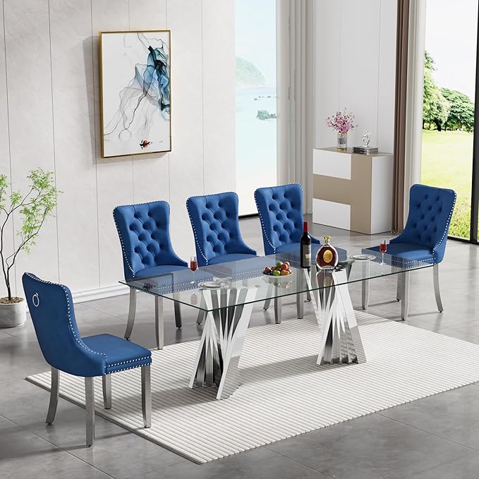 Goujxcy Modern 7 Piece Glass Dining Table Set Luxury Glass Kitchen Table and Chair Set for 6, 70" Large Rectangular Dining Room Table with 6 Tufted Chairs and Stainless Steel Legs (Silver & Blue)