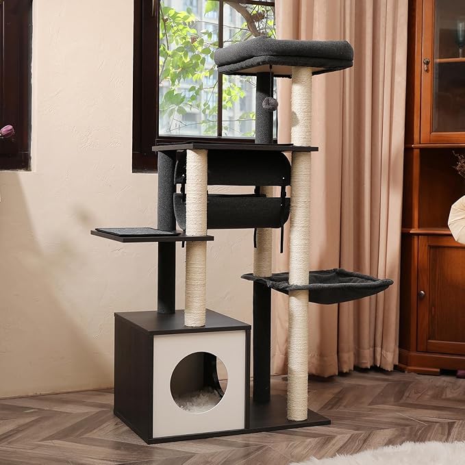 52" Modern Cat Tree for Large Cats, Wooden Cat Tower with Fully Sisal Covered Scratching Posts, Luxury Cat Furniture with Spacious Perch, Super Large Hammock, Cozy Condo and Swing Tunnel Black