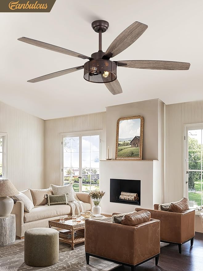 Fanbulous Farmhouse Ceiling Fans with Lights and Remote, 60 Inch Industrial Caged Ceiling Fans for Living Room Bedroom Kitchen, 6 Speed Reversible Quiet DC Motor, Dual Finish 5 Blades,Oil Bronze