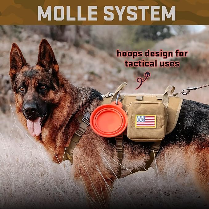 Forestpaw Tactical Dog Harness for Large Dogs,Tactical Dog Collar with Bungee Leash Set,No Pull Military Dog Harness for Walking Training,Adjustable for Medium Large Dogs,Khaki,Chest 15.5-25.5"