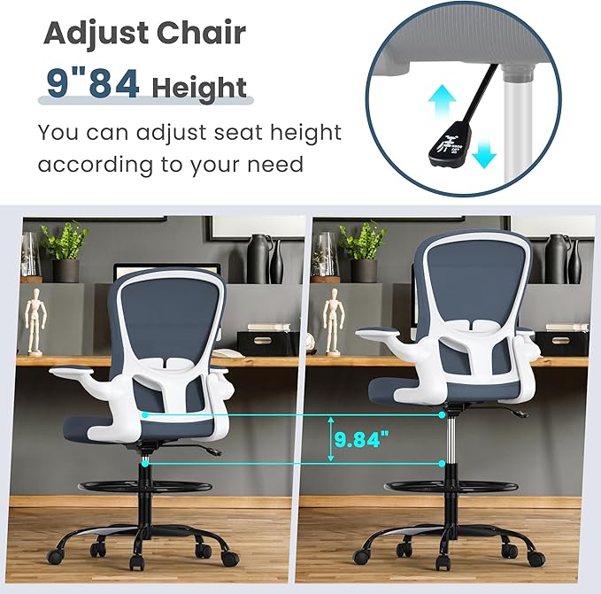 Drafting Chair, Tall Office Chair with Flip-up Armrests Executive Ergonomic Computer Standing Desk Chair, Office Drafting Chair with Lumbar Support and Adjustable Footrest Ring