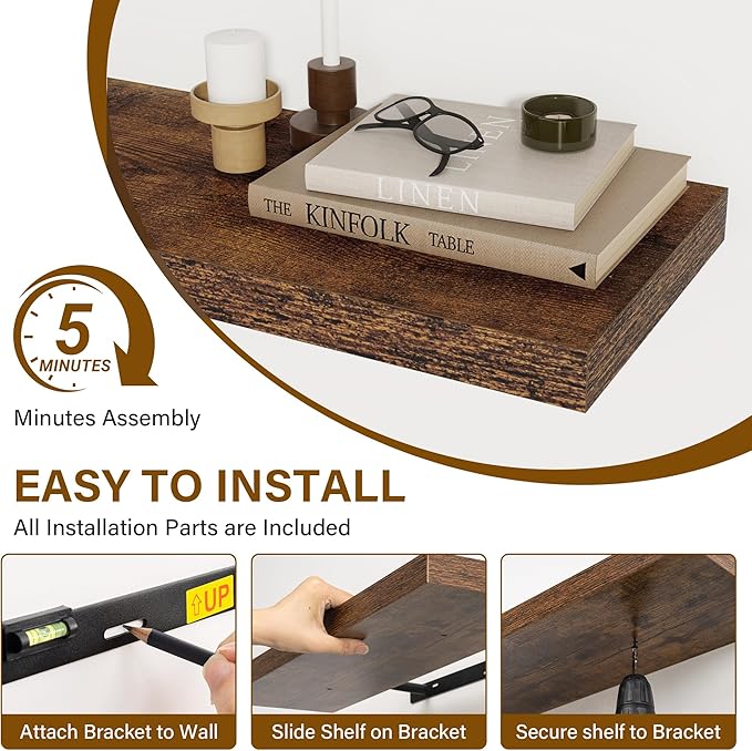 Floating Shelves for Wall, 27.5 Inch Bathroom Shelves Set of 2, Rustic Wood Wall Shelf with Invisible Brackets for Books|Storage|Decor, 8 Inch Deep Floating Shelf for Bedroom|Kitchen, Rustic Brown