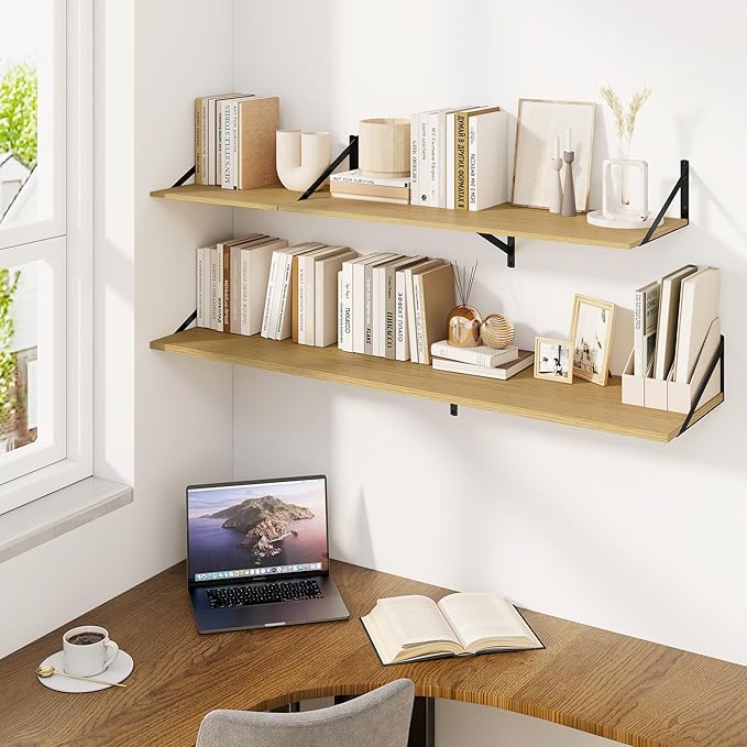 Fun Memories Floating Shelves for Wall, 12 Inch Deep Floating Shelves Set of 2, 55W x 12D Large Wall Shelf with Sturdy Metal Brackets for Living Room, Bathroom, Bedroom and Kitchen, Oak