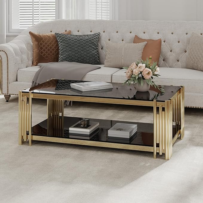 Glass Gold Coffee Table Set of 2,Modern Coffee Table and End Table w/Storage,Glass Coffee Table Set with Stainless Steel Frame,2 Pieces Living Room Table Set for Apartment Home Office