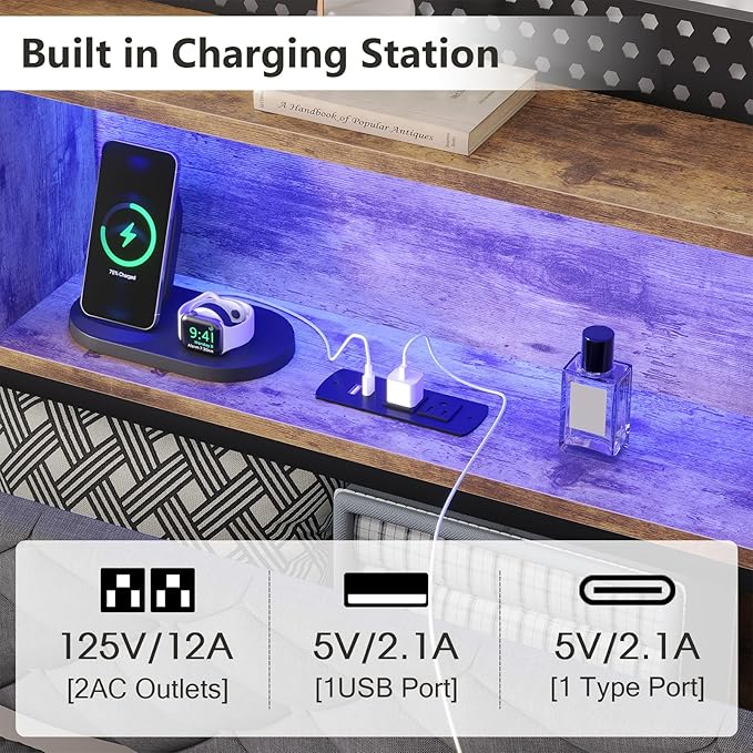 Queen Bed Frame with Upholstered Headboard, Bed Frame Queen Size with Hidden Storage,3-Tier Storage Shelves, LED Lights and Charging Station, Queen Bed with Noise-Free,Gray