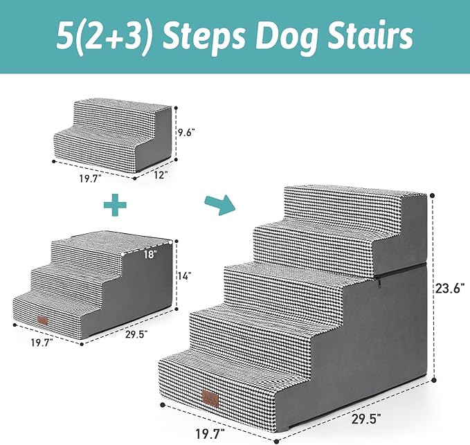 Dog Stairs for Small Dogs, 5 Tier Removable Wider Pet Stairs for Couch and Bed, 23.6" H Non-Slip Dog Steps for Puppies and Old Cats with Support Board, 29.5x19.7x23.6 inch, White Black