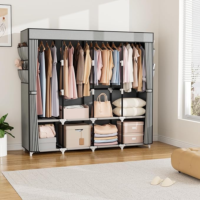 VTRIN Portable Closet for Hanging Clothes 67 Inch Wide Large Capacity Portable Wardrobe Closet with Cover, 4 Storage Shelves and 4 Hanging Rod Sturdy Free Standing Closet for Bedroom, Grey
