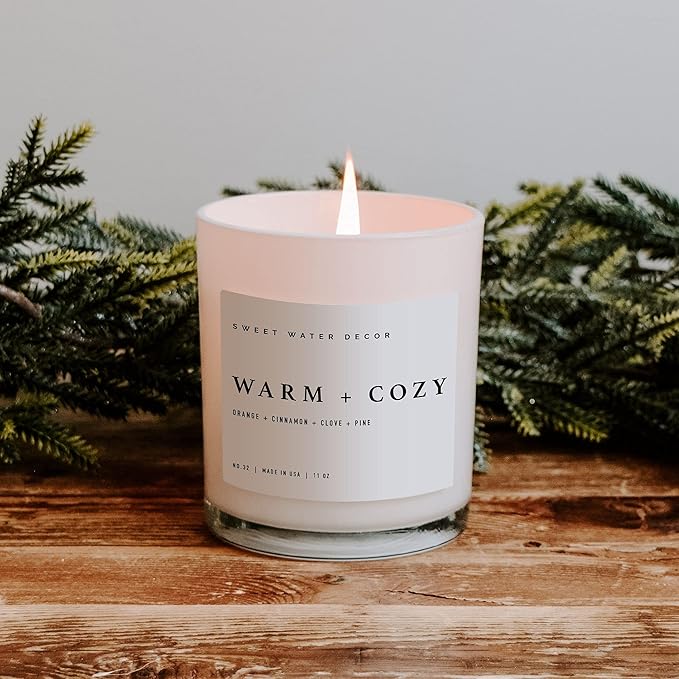 Sweet Water Decor Warm and Cozy Soy Candle - Pine, Orange, Cinnamon, and Fir Winter Scented Candle for Home - 11oz White Jar with Wood Lid, 50+ Hour Burn Time, Made in The USA