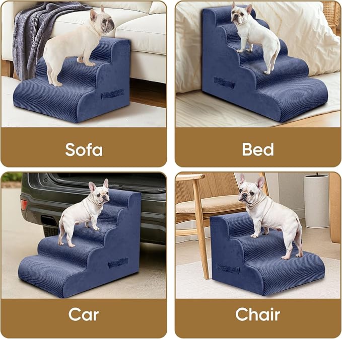 PAWSCART Dog Stairs for Small Pets, 22.8" H with 30D Material Soft Foam, Portable Ramp Non-Slip Surface Non-Slip for Couch and High Bed Climbing, 5-Step Stairs for Cat or Dog, Blue
