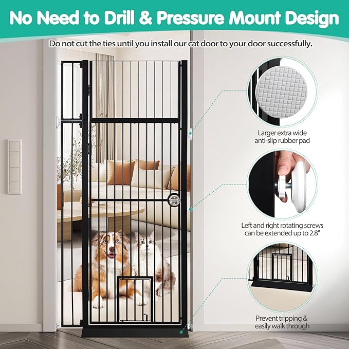 71" Extra Tall Pet Gate with Cat Door, 30"-39.69" Adjustable Wide, No Drill Pressure Mounted Auto-Close Safety Pet Gate Walk Through Safety Cat Gate
