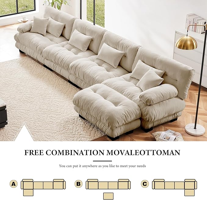 173.2" Oversized Couch, 4 Seater Modular Sectional Sofa, Beige Large L Shaped Fluffy Couch Set, Chenille Cloud Sofas with Ottoman for Living Room