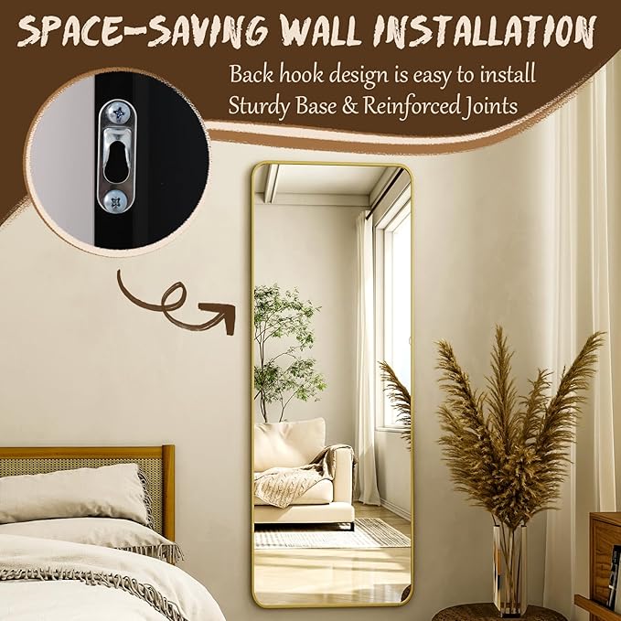 56"x21" Floor Full Length Mirror Standing Full Body Rounded Corner Rectangle Mirrors with Stand Hanging Wall Mounted Leaning Bedroom Living Room Bedroom Cloakroom,Gold