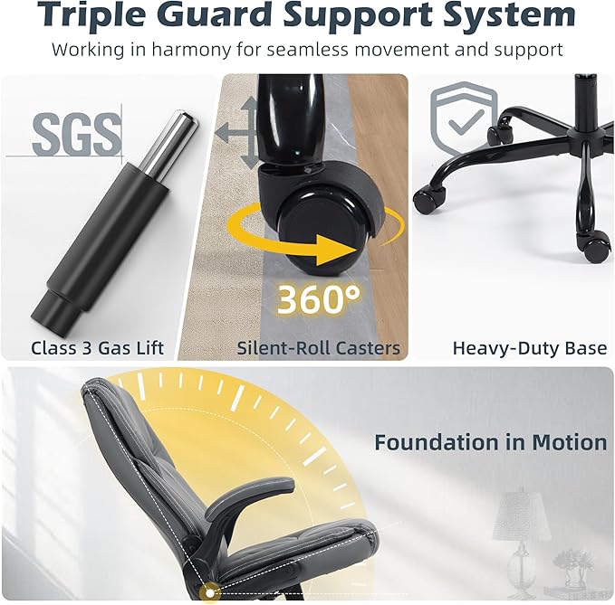 Office Chair - Executive Leather High Back Office Desk Chair with Rocking Function - Ergonomic Breathable Comfortable Wide Swivel Rolling Gaming Computer Chair with Flip-up Armrests & Lumbar Support