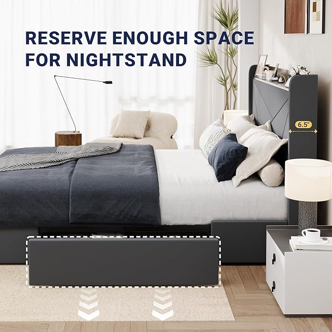 Allewie King Size Velvet Bed Frame with 3 Storage Drawers, Upholstered Platform Bed with Wingback Storage Headboard and USB Ports, No Box Spring Needed, Easy Assembly, Grey