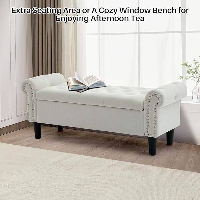 Storage Bench, 50" Queen End of Bed Bench, Linen Tufted Button Upholstered Bedroom Bench, Storage Ottoman with Rolled Arms, Window Bench with Storage, for Living Room, Entryway Beige